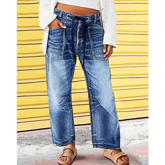 Medium Wash Pockets Drawstring Waist Straight Leg Denim Jean Pants - Picture 1 of 6